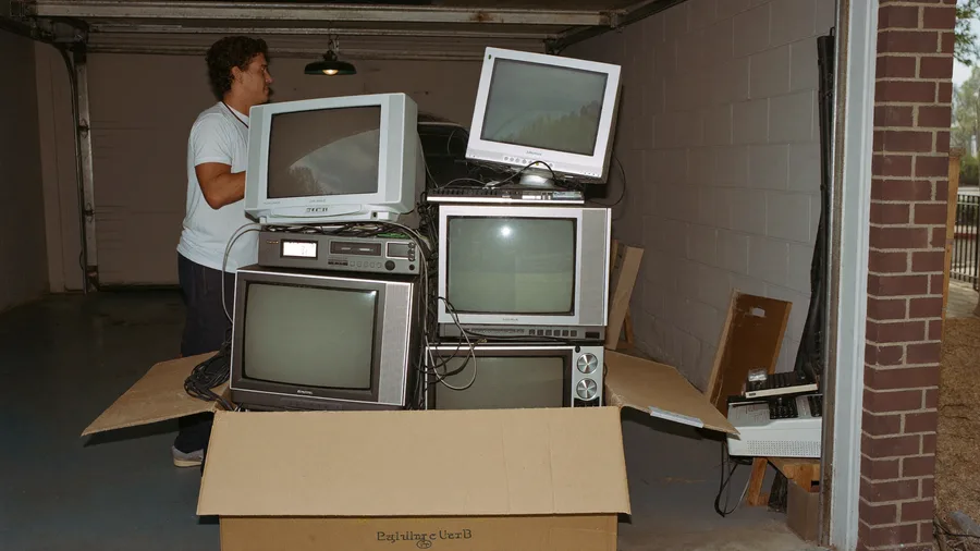 Worker stacking old TVs and computer monitors into a box for recycling